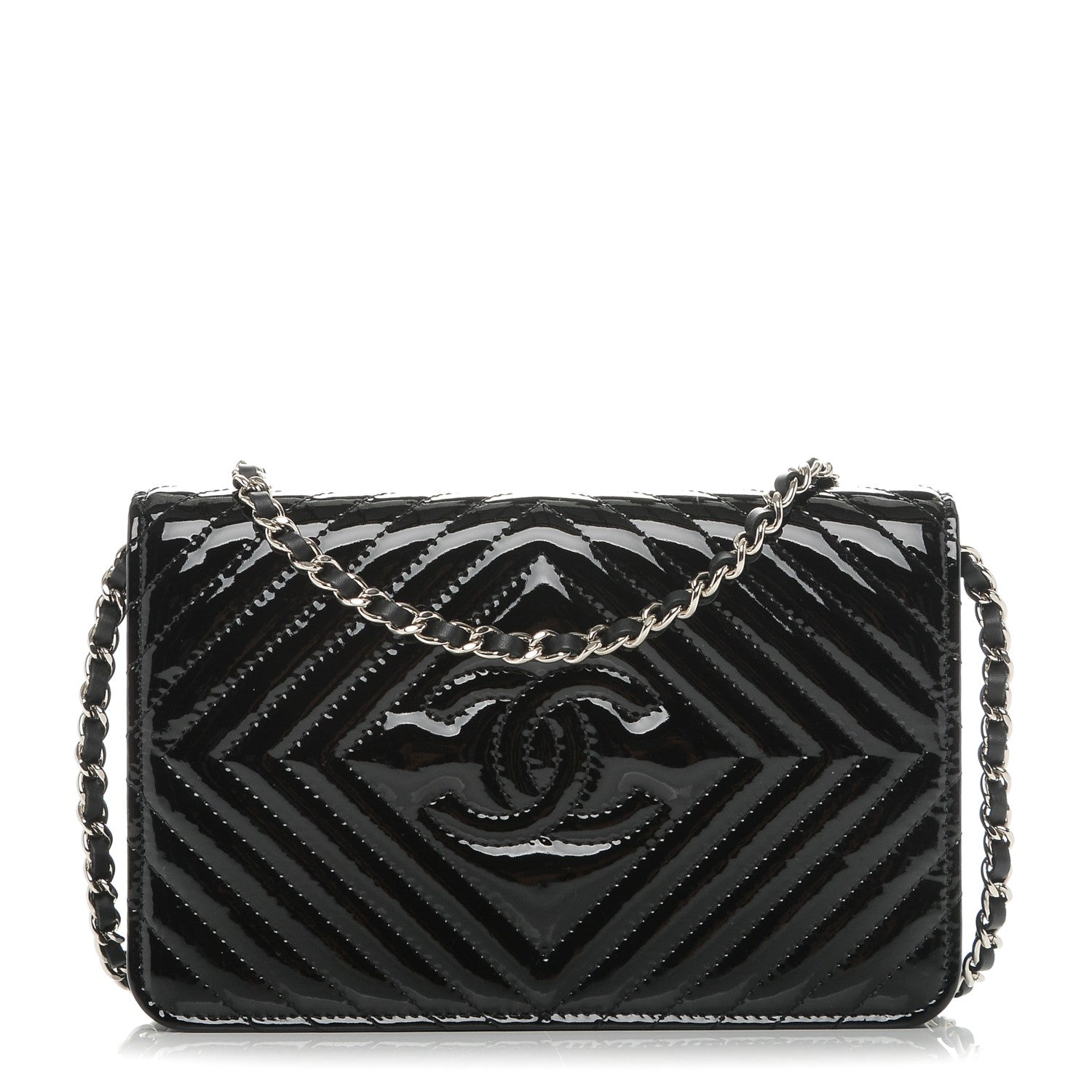 Chanel Patent Chevron Quilted CC Wallet On Chain WOC Black 1 of 8