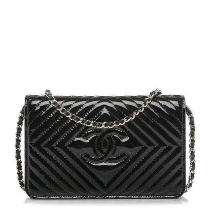 Chanel Patent Chevron Quilted CC Wallet On Chain WOC Black 1 of 8