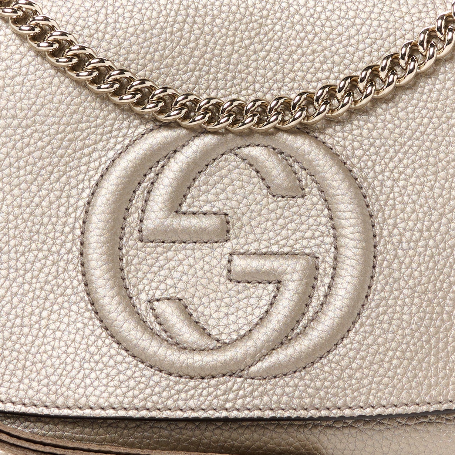 Gucci Metallic Pebbled Calfskin Medium Soho Flap Crossbody Golden Beige 9 of 11