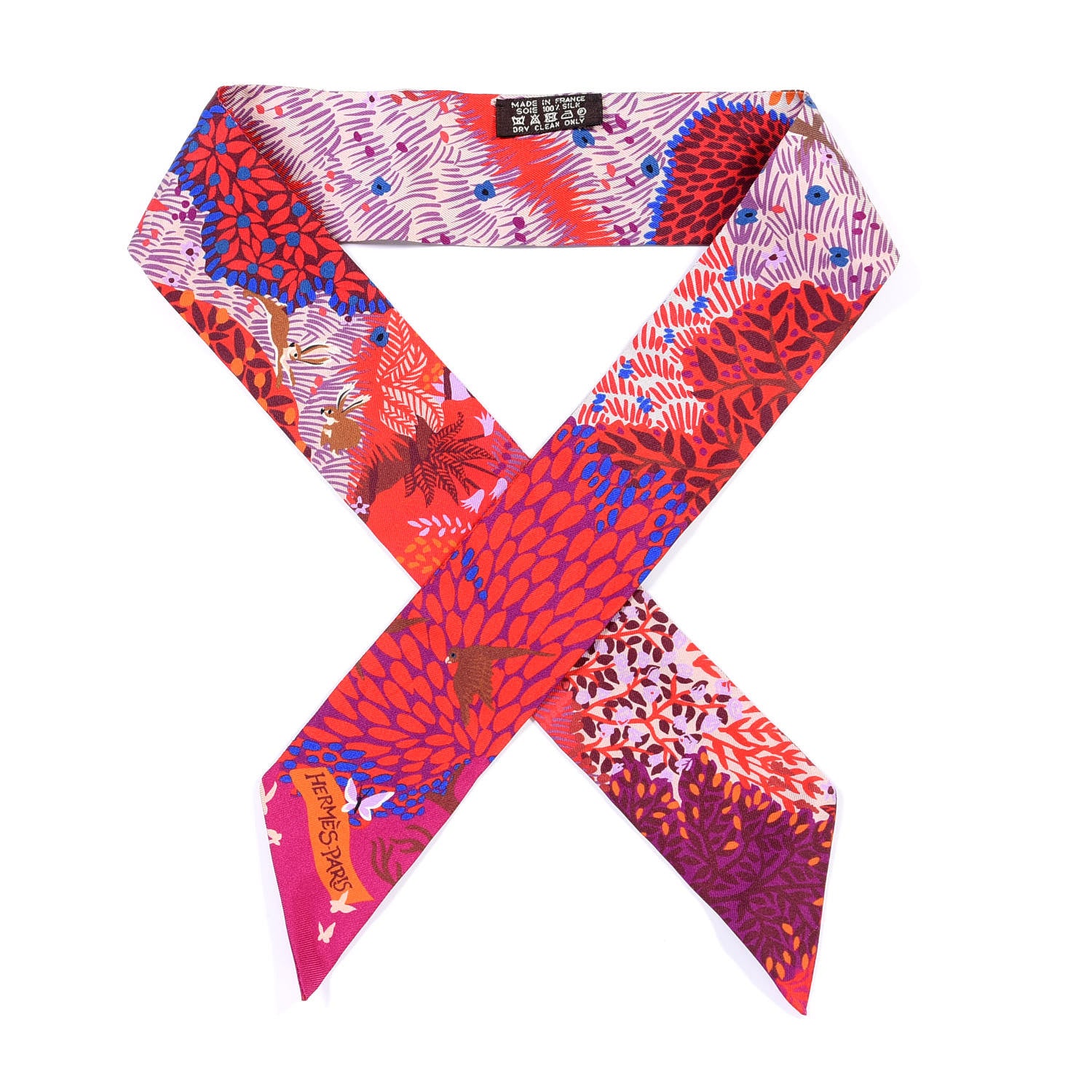 Hermes Silk Dans un Jardin Anglais Twilly Fuchsia Rouge Bleu Roy 1 of 4