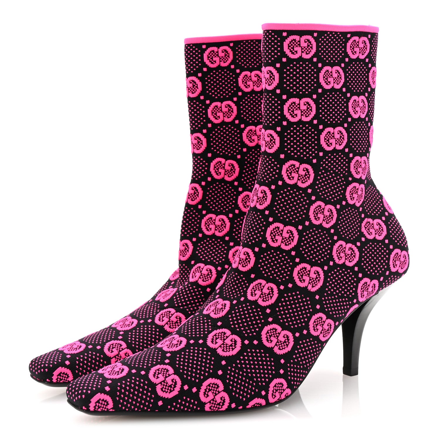 Gucci Technical Jersey Knit GG Monogram Square G 75mm Ankle Boots 38.5 Black Neon Fucsia 4 of 9