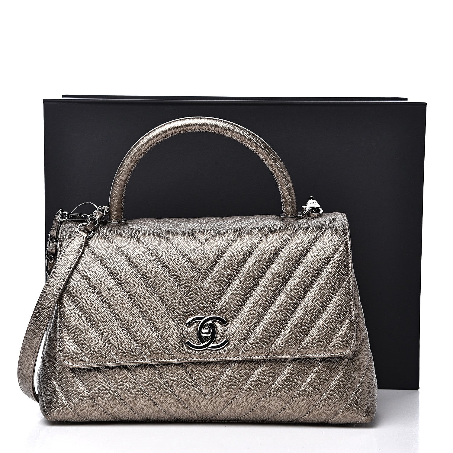 Chanel Metallic Caviar Chevron Quilted Small Coco Handle Flap Light Gold 11 of 11