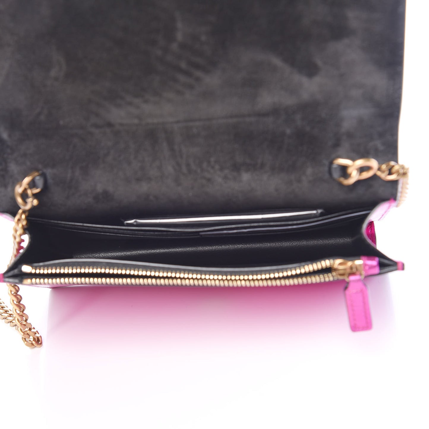 Metallic Calfskin Classic Monogram Kate Tassel Chain Wallet Fuchsia