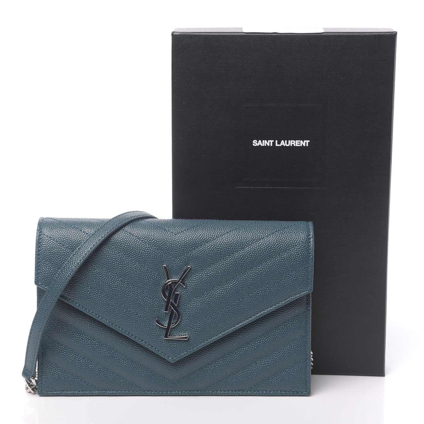 Grain De Poudre Matelasse Chevron Monogram Envelope Chain Wallet Peacock Green