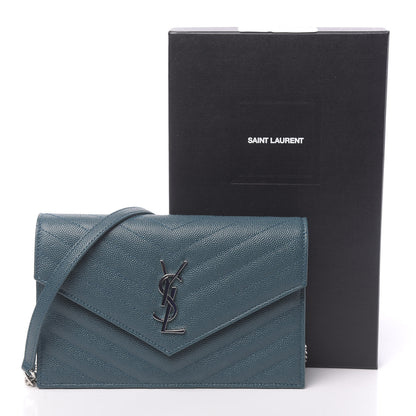 Saint Laurent Grain De Poudre Matelasse Chevron Monogram Envelope Chain Wallet Peacock Green 12 of 12