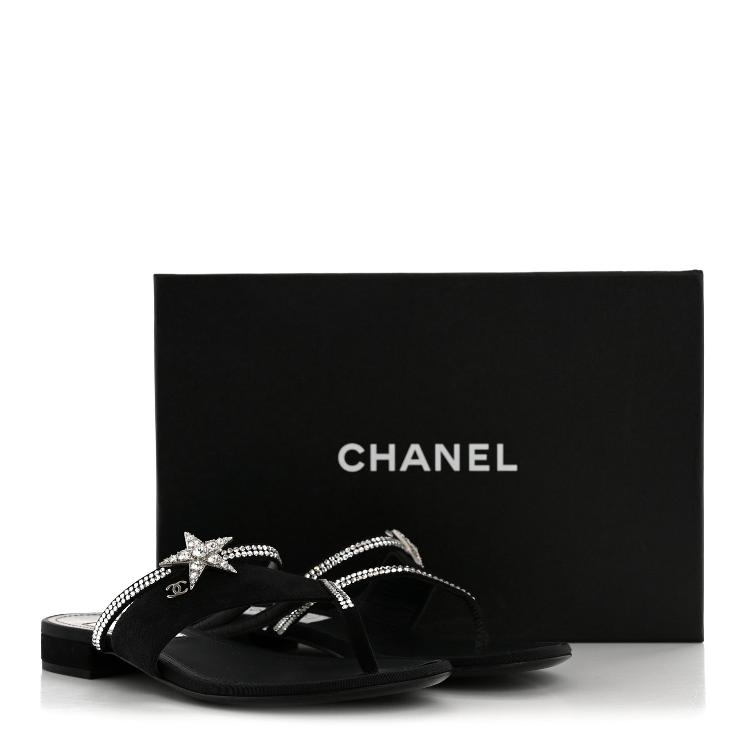 Chanel Suede Calfskin Strass Star Sandals 37 Black 1880416