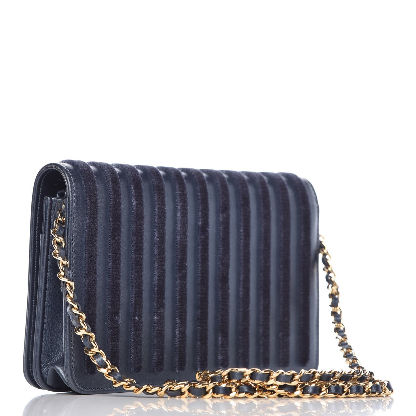 Lambskin Velvet Striped Wallet On Chain WOC Blue