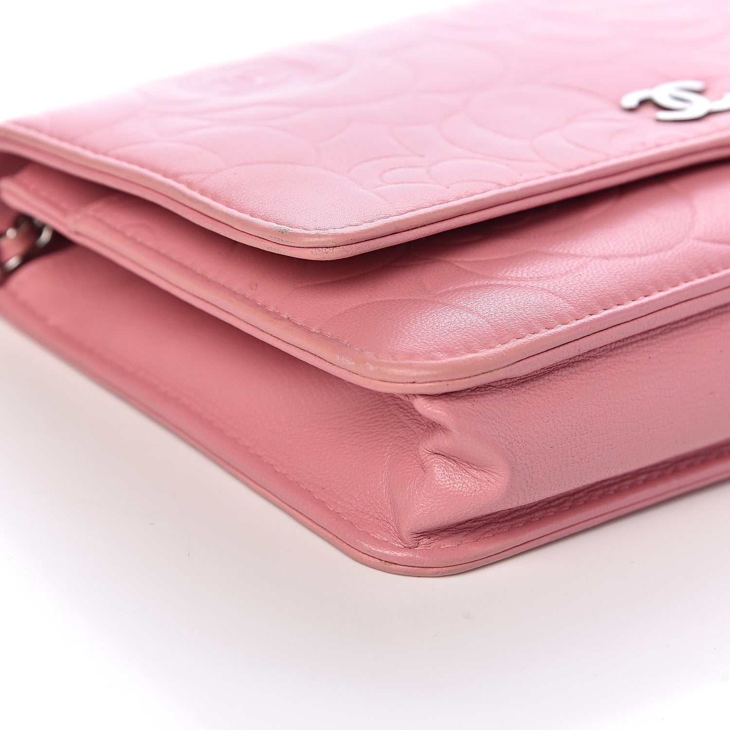 Chanel Lambskin Camellia Embossed Wallet On Chain WOC Pink 12 of 15