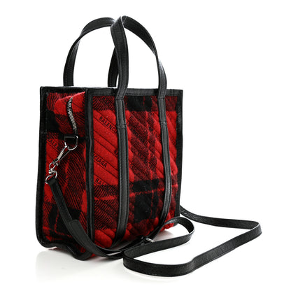 Balenciaga Wool Cuir Arena Plaid Diagonal Allover Logo Matelasse XS Bazar Shopper Tote Red Black 3 of 9