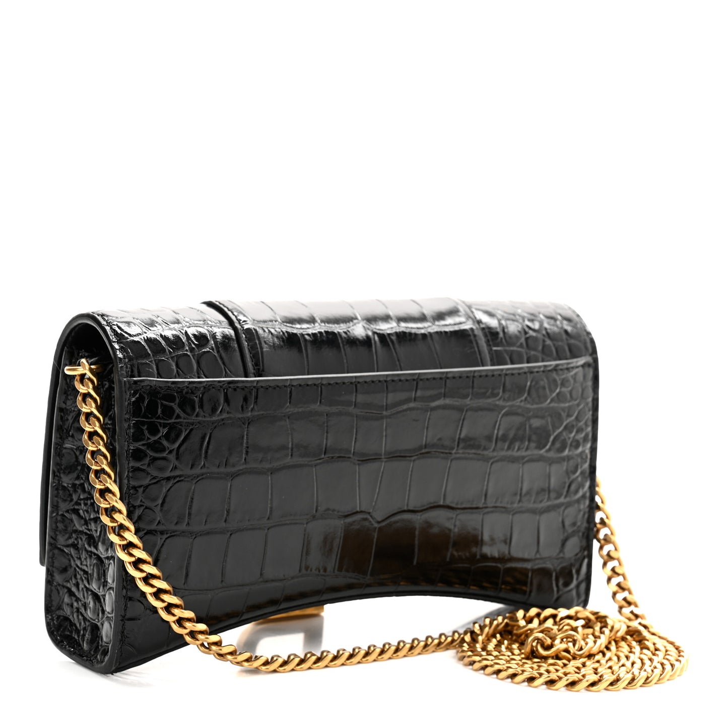 Shiny Calfskin Crocodile Embossed Hourglass Chain Bag Black