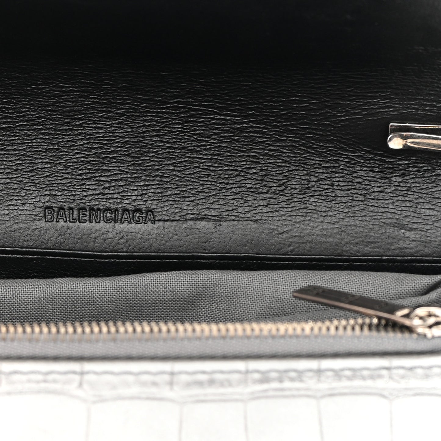 Metallic Extra Supple Calfskin Crocodile Embossed Gossip Wallet On Chain Silver