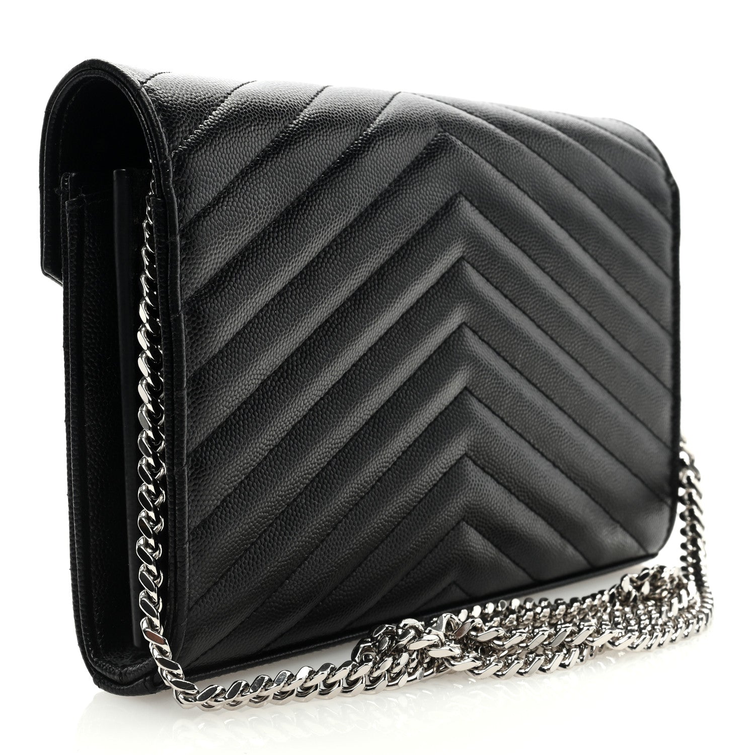 Saint Laurent Grain De Poudre Matelasse Chevron Monogram Chain Wallet Black 2 of 9