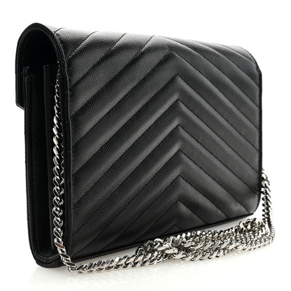 Saint Laurent Grain De Poudre Matelasse Chevron Monogram Chain Wallet Black 2 of 9