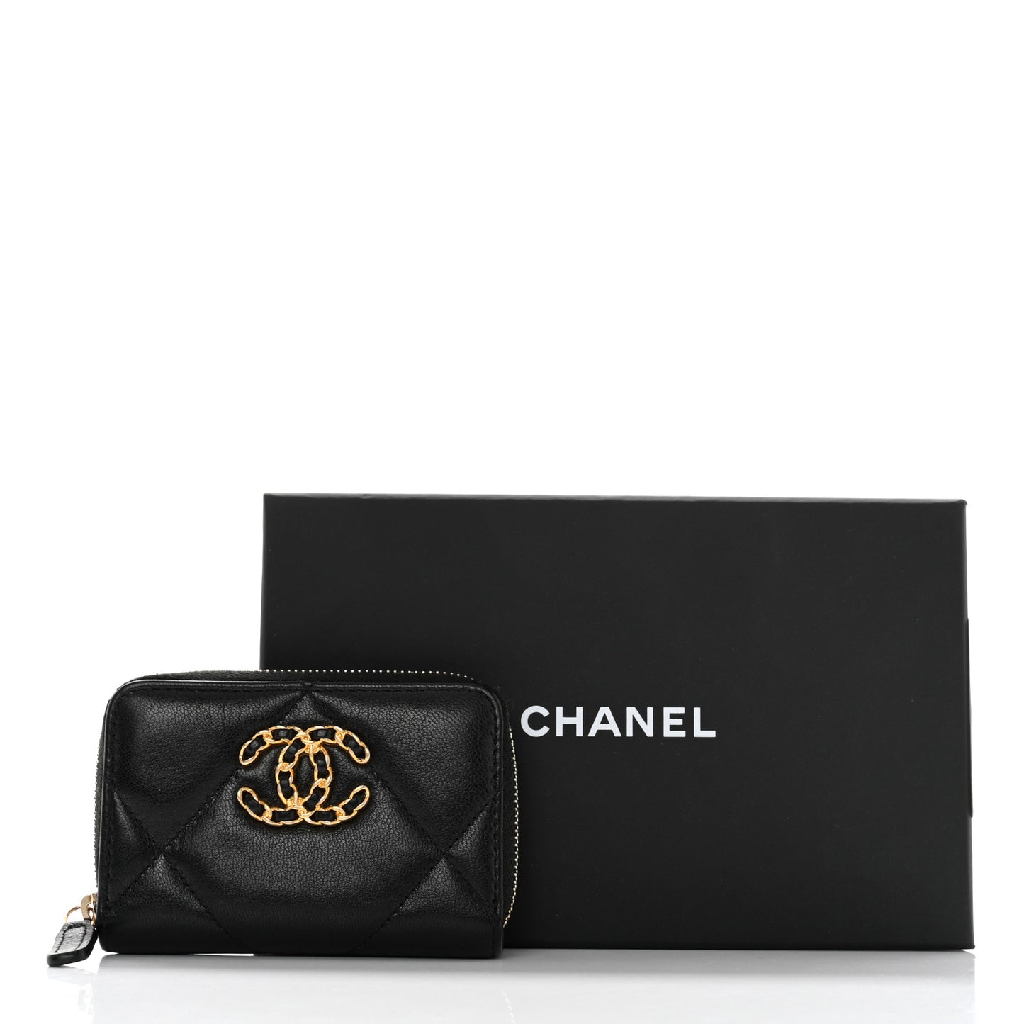 Lambskin Quilted Chanel 19 Zip Around Coin Purse Wallet Black