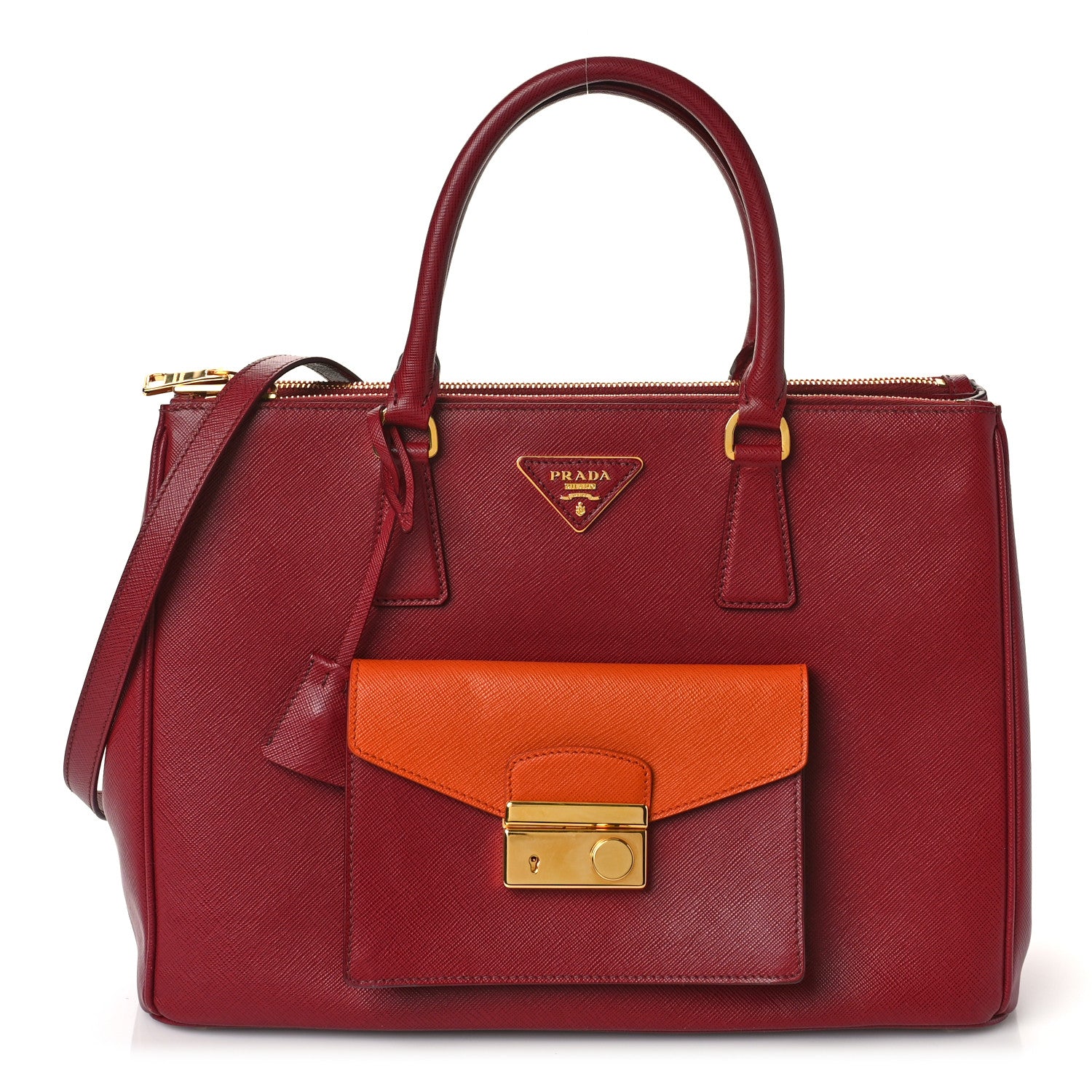 Prada Saffiano Lux Galleria Front Pocket Tote Cerise Papaya 1 of 8