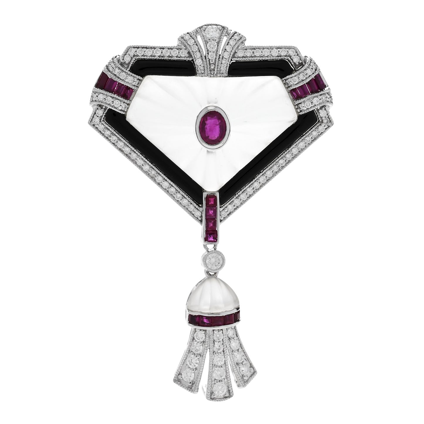 18K White Gold Enamel Diamond Ruby Rock Crystal .78ctw Brooch Pendant Black