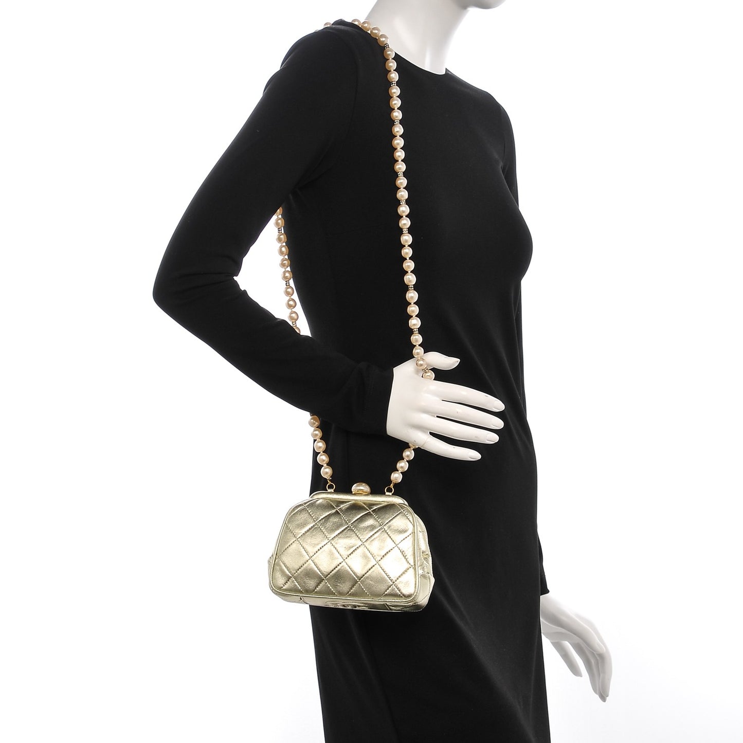 Metallic Lambskin Pearl Framed Mini Evening Bag Gold