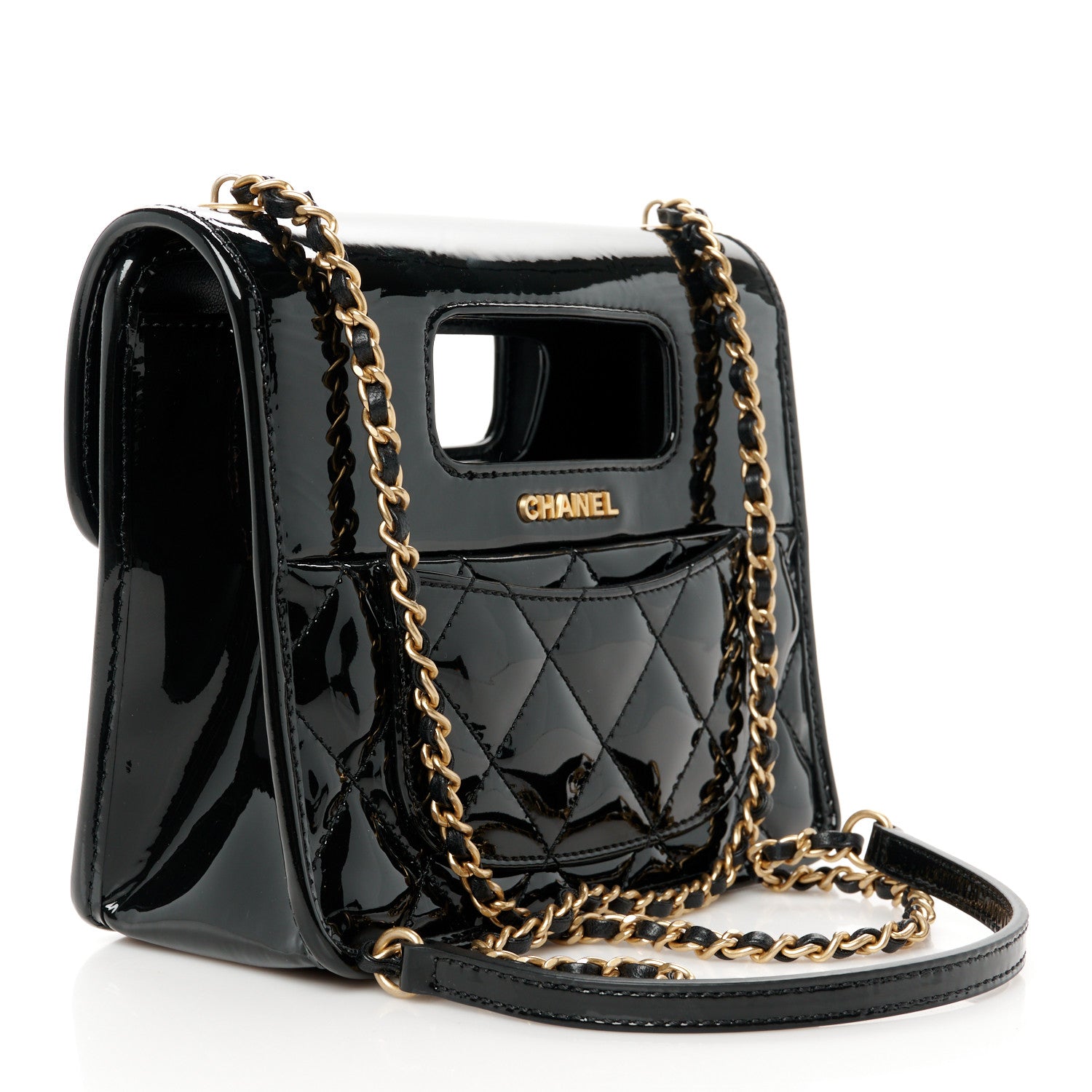 Chanel Patent Quilted Mini Graphic Catch Flap Black 3 of 11