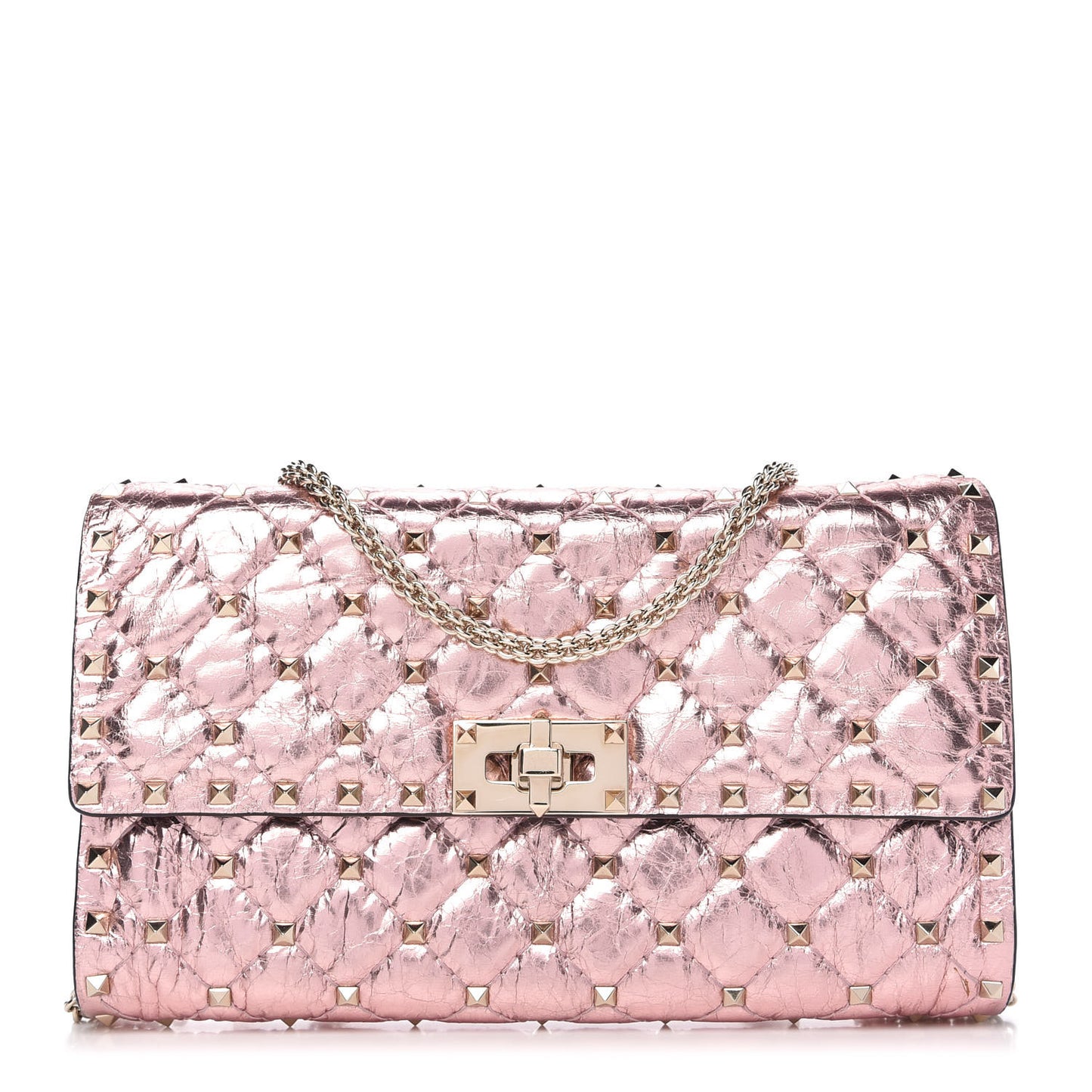Metallic Wrinkled Lambskin Rockstud Spike Wallet on Chain Lipstick