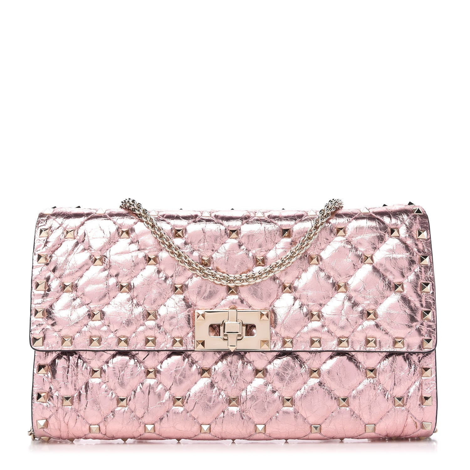 Valentino Garavani Metallic Wrinkled Lambskin Rockstud Spike Wallet on Chain Lipstick 1 of 13