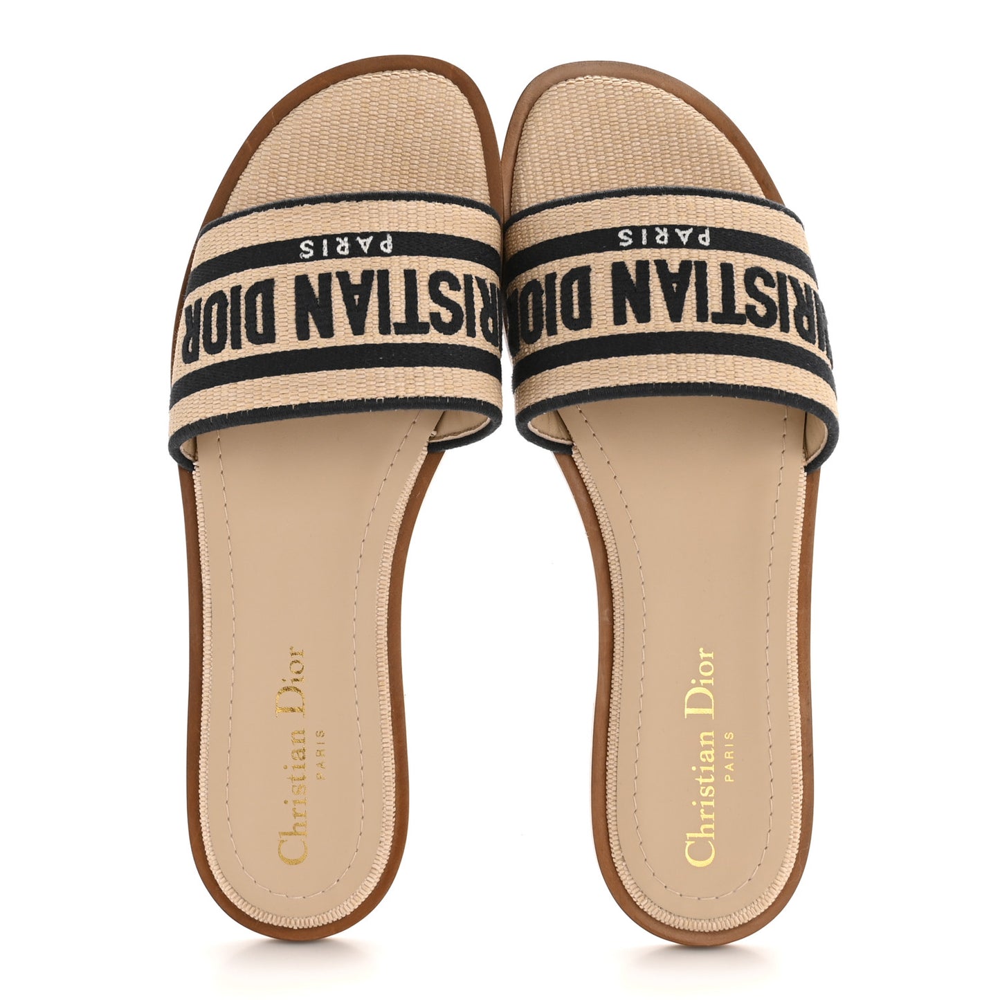 Straw Embroidered Dway Flat Slide Sandals 38 Natural Black