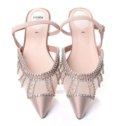 Fendi Satin Technical Mesh Colibri Crystal Embellished Mule 38.5 Nude 9 of 17