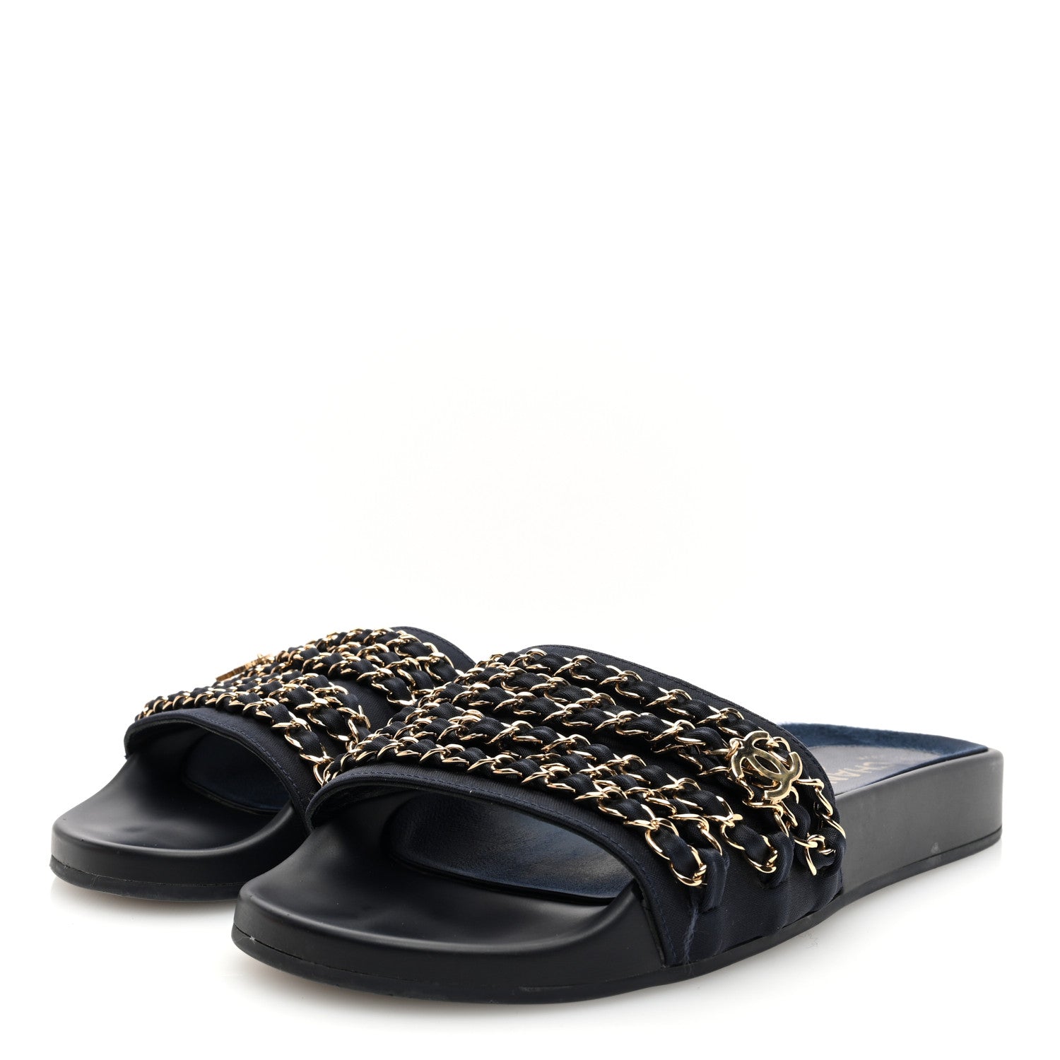 Chanel Satin Canvas Chain Slides Sandals Flats 39 Marine 2 of 8