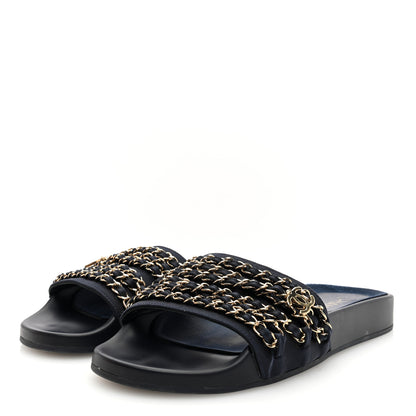 Chanel Satin Canvas Chain Slides Sandals Flats 39 Marine 2 of 8