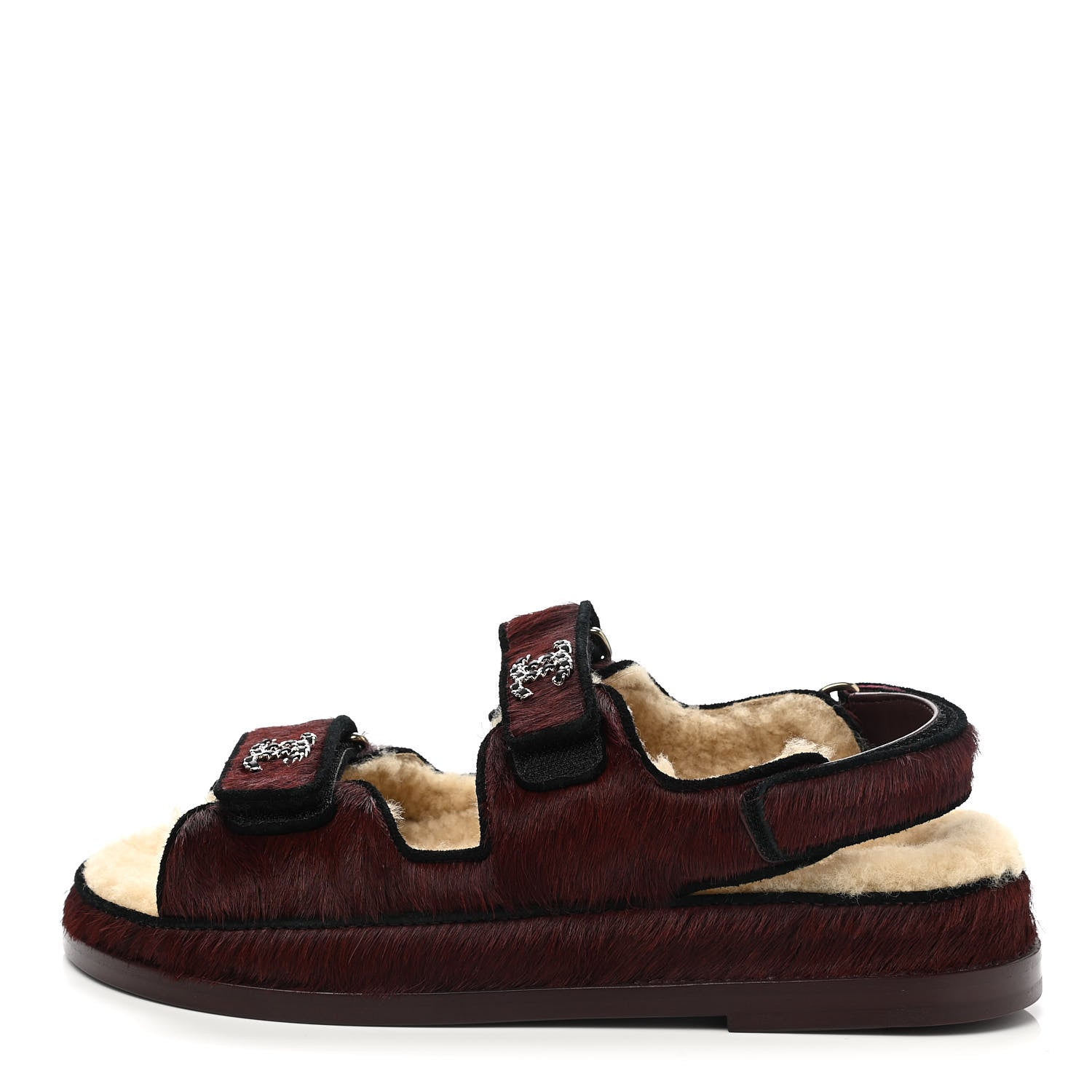 Chanel Calfskin Hair Suede Shearling Dad Sandals 37 Burgundy Black 1 of 9