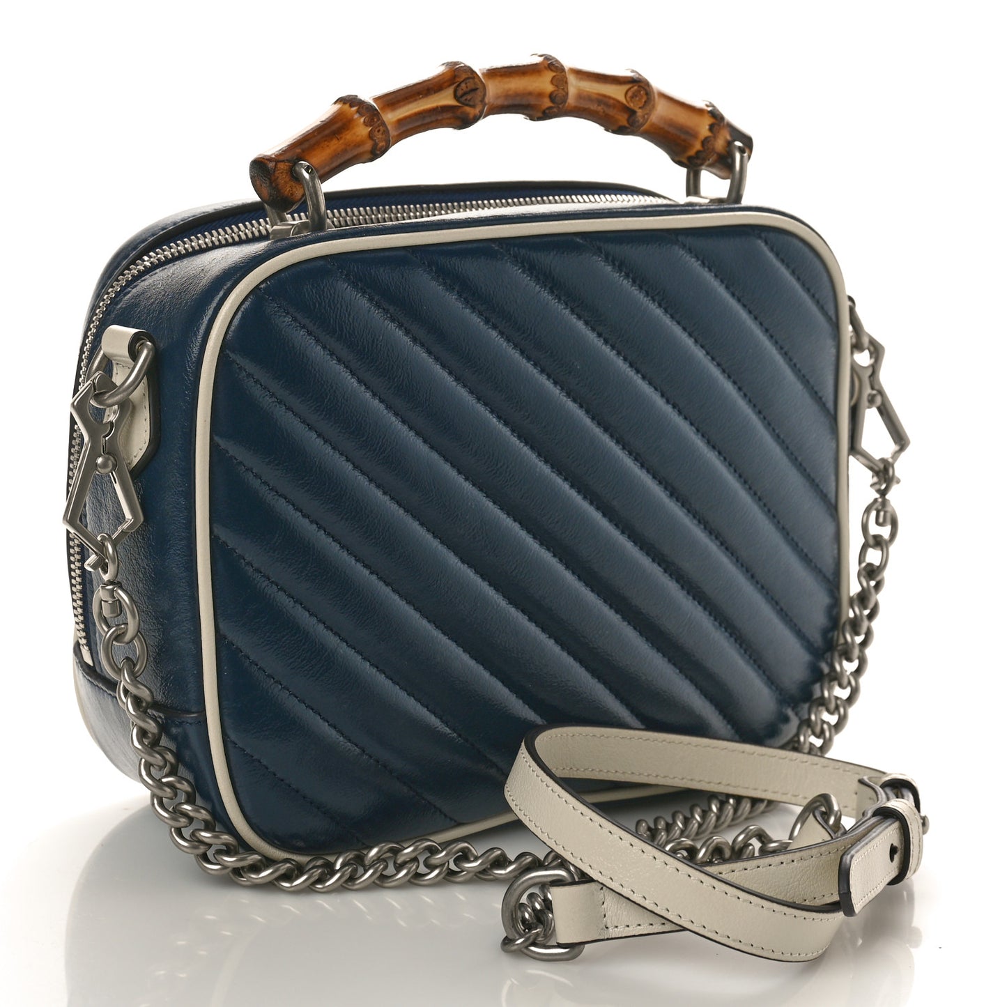 Vintage Effect Calfskin Matelasse Diagonal Small Torchon GG Marmont Bamboo Top Handle Shoulder Bag Blue Agata Mystic White