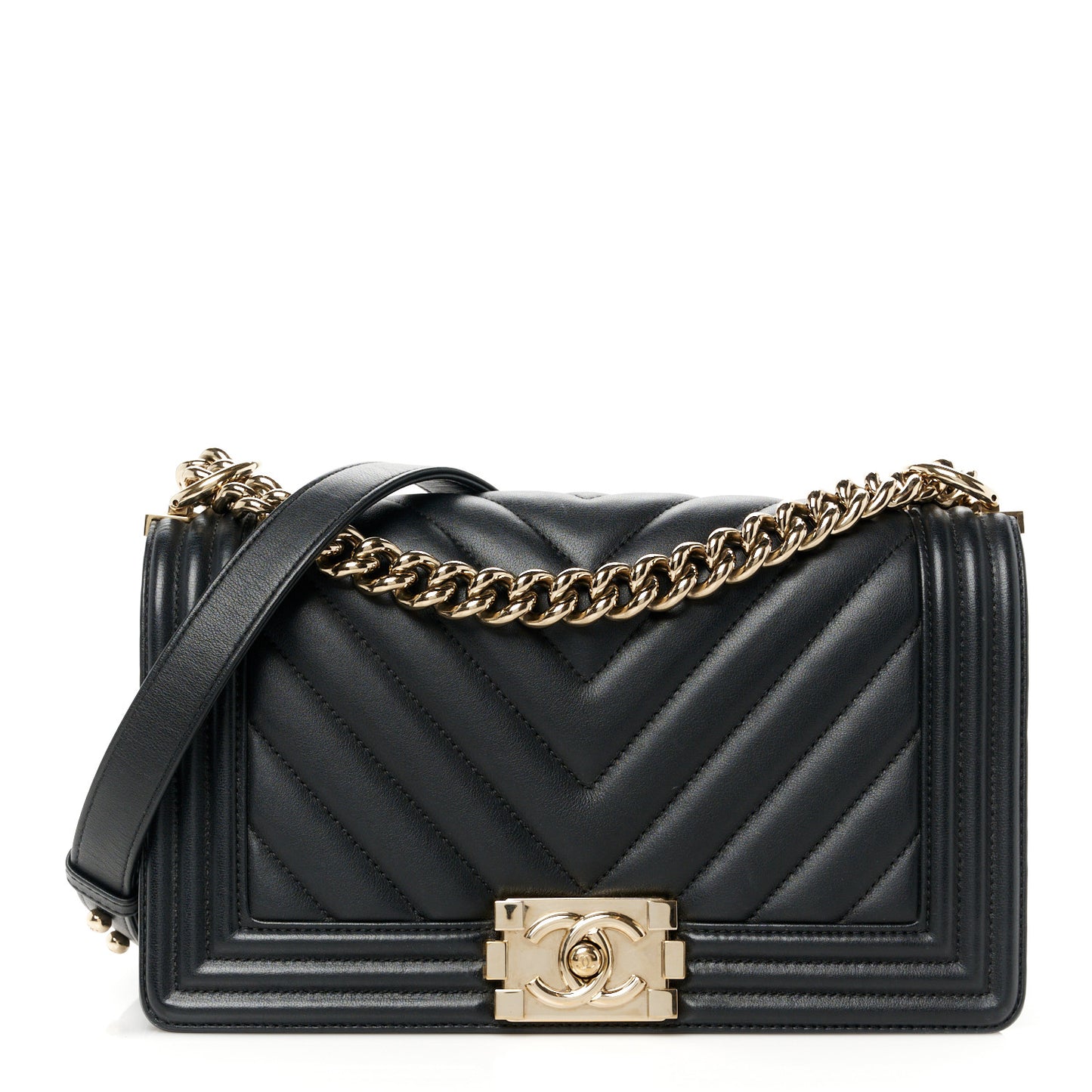 Calfskin Chevron Quilted Medium Boy Flap Black