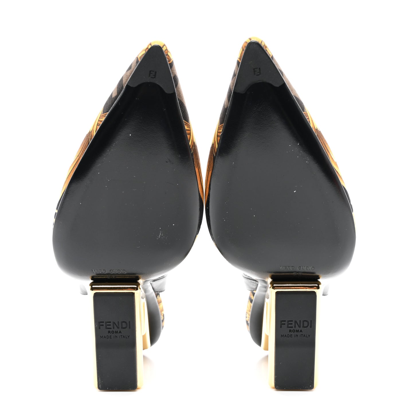 X VERSACE Silk Calfskin Fendace Fendi First 95mm Slingback Sandals 36 Tobacco Black Gold