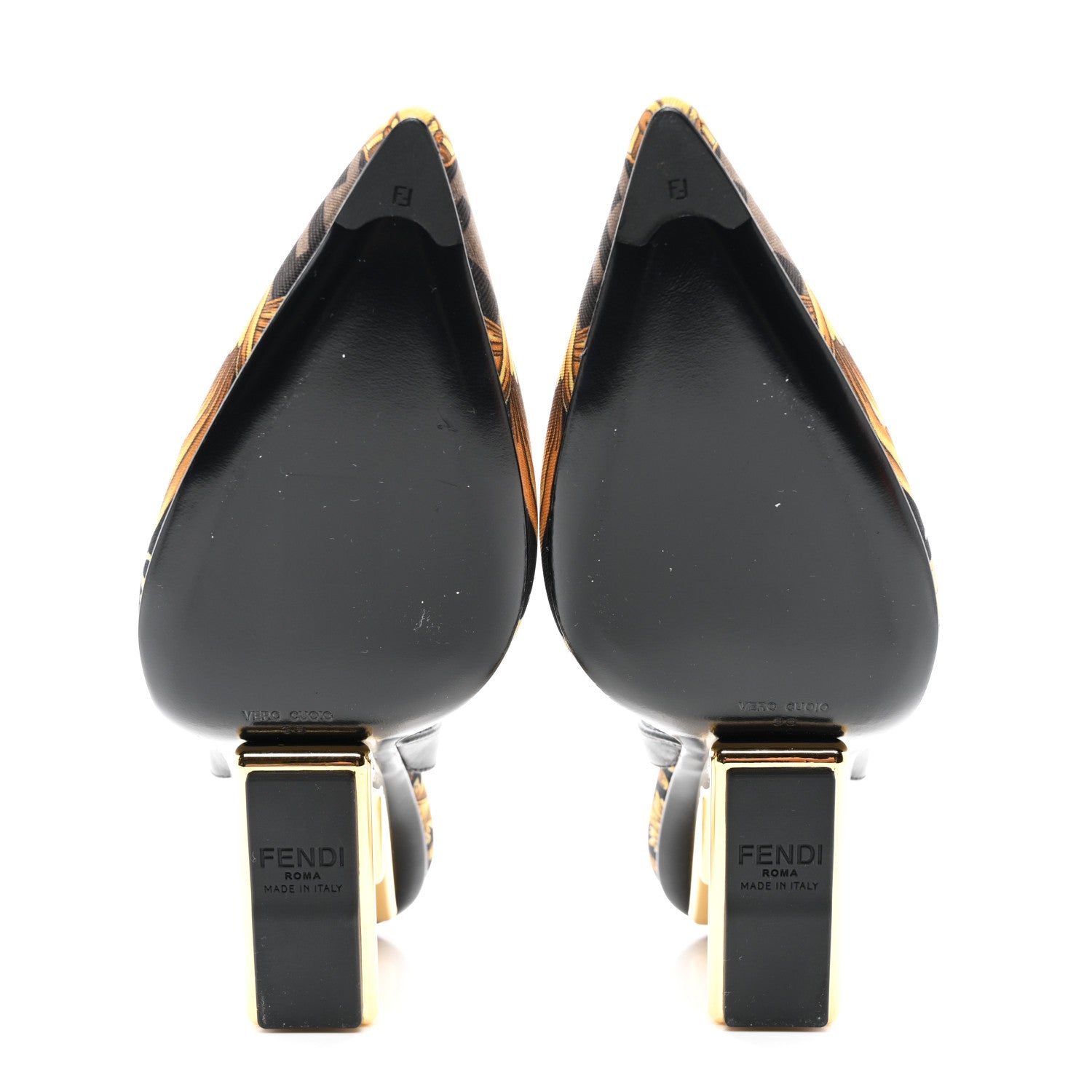 Fendi X VERSACE Silk Calfskin Fendace Fendi First 95mm Slingback Sandals 36 Tobacco Black Gold 5 of 9