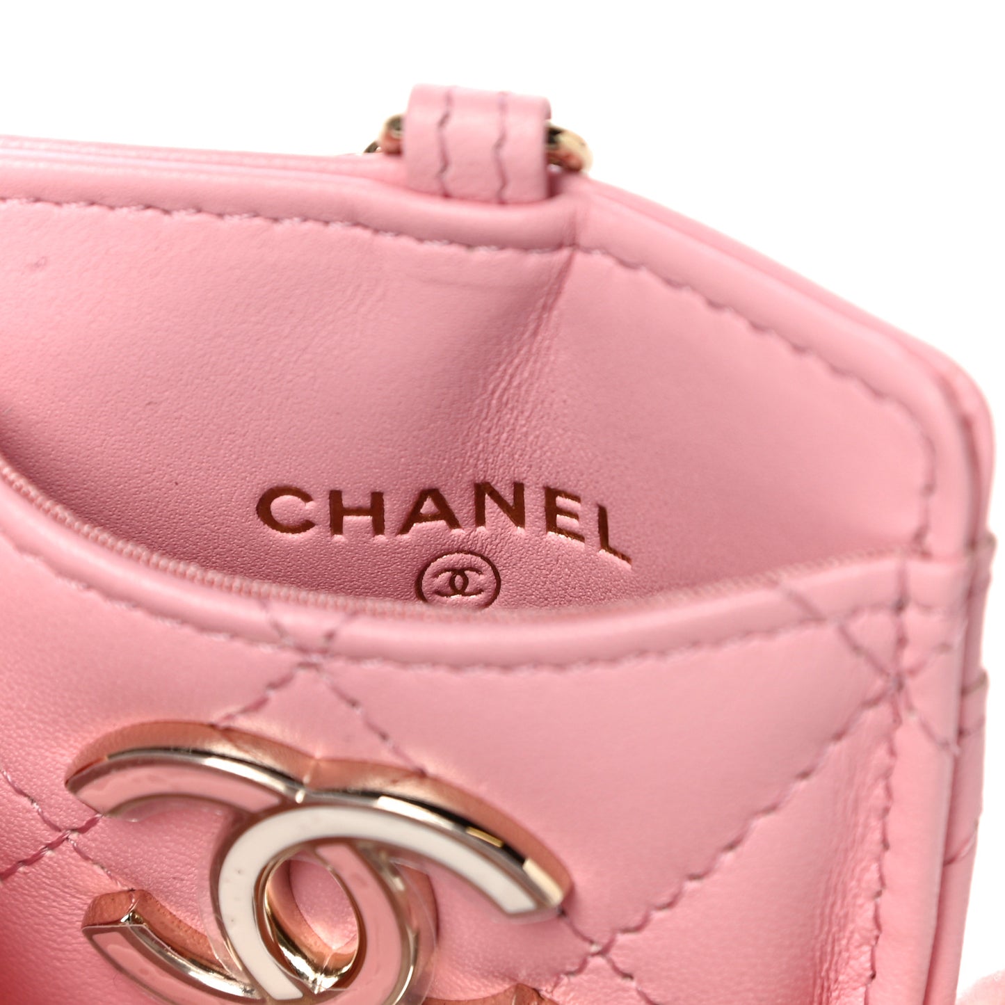 Lambskin Quilted Chanel Card Holder On Chain Pink