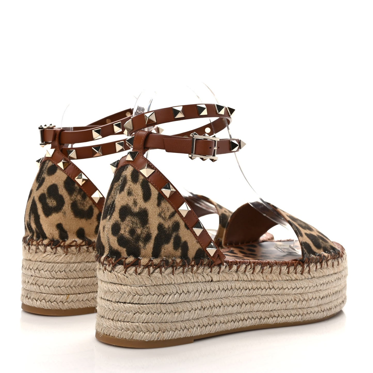 Canvas Leopard Print Rockstud Ankle Wrap Espadrille Flatform Sandals 39 Brown