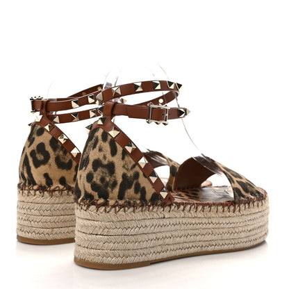 Valentino Garavani Canvas Leopard Print Rockstud Ankle Wrap Espadrille Flatform Sandals 39 Brown 4 of 7