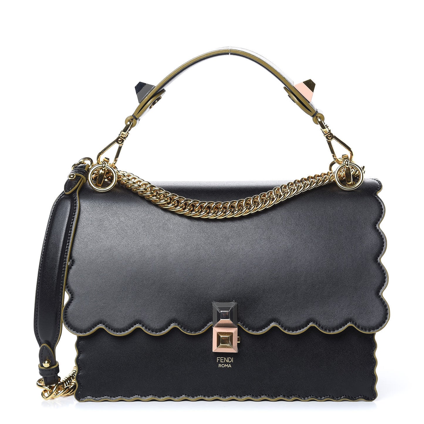 Vitello Liberty Scalloped Studded Kan I Shoulder Bag Black