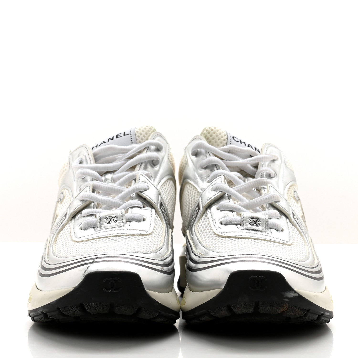 Chanel Fabric Laminated Calfskin Stretch CC Sneakers 40 White Silver 2 of 17