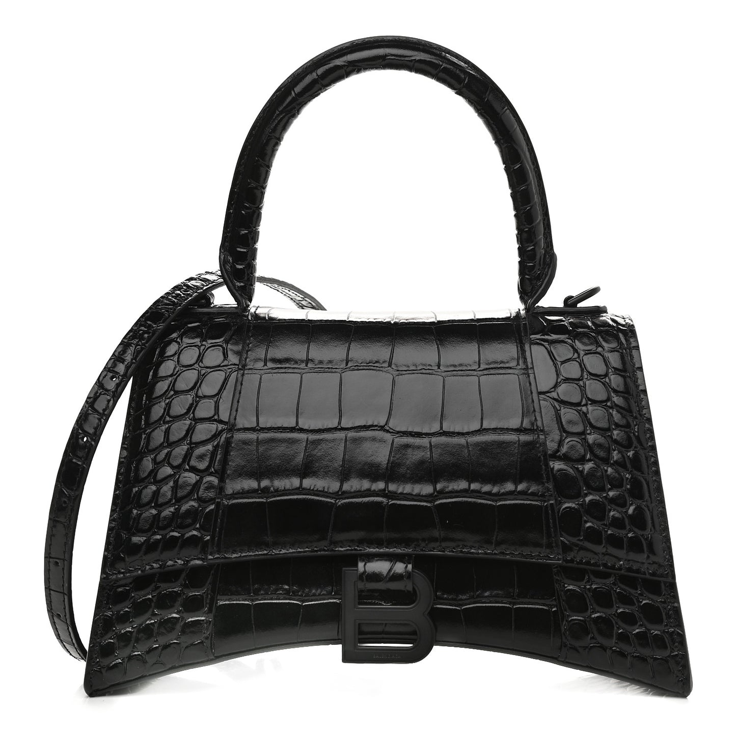 Shiny Calfskin Monochrome Crocodile Embossed Small Hourglass Top Handle Bag Black