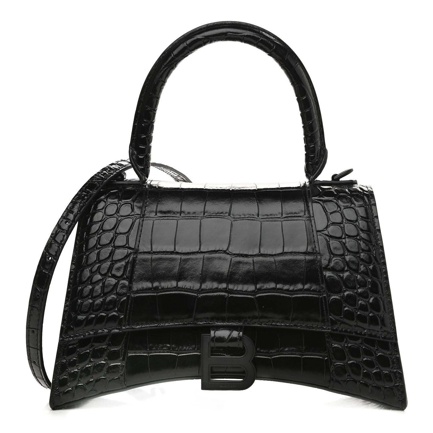 Balenciaga Shiny Calfskin Monochrome Crocodile Embossed Small Hourglass Top Handle Bag Black 1 of 8