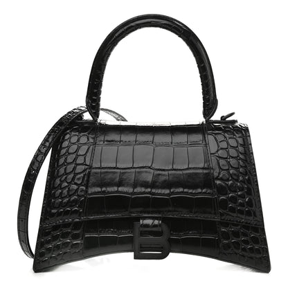 Balenciaga Shiny Calfskin Monochrome Crocodile Embossed Small Hourglass Top Handle Bag Black 1 of 8