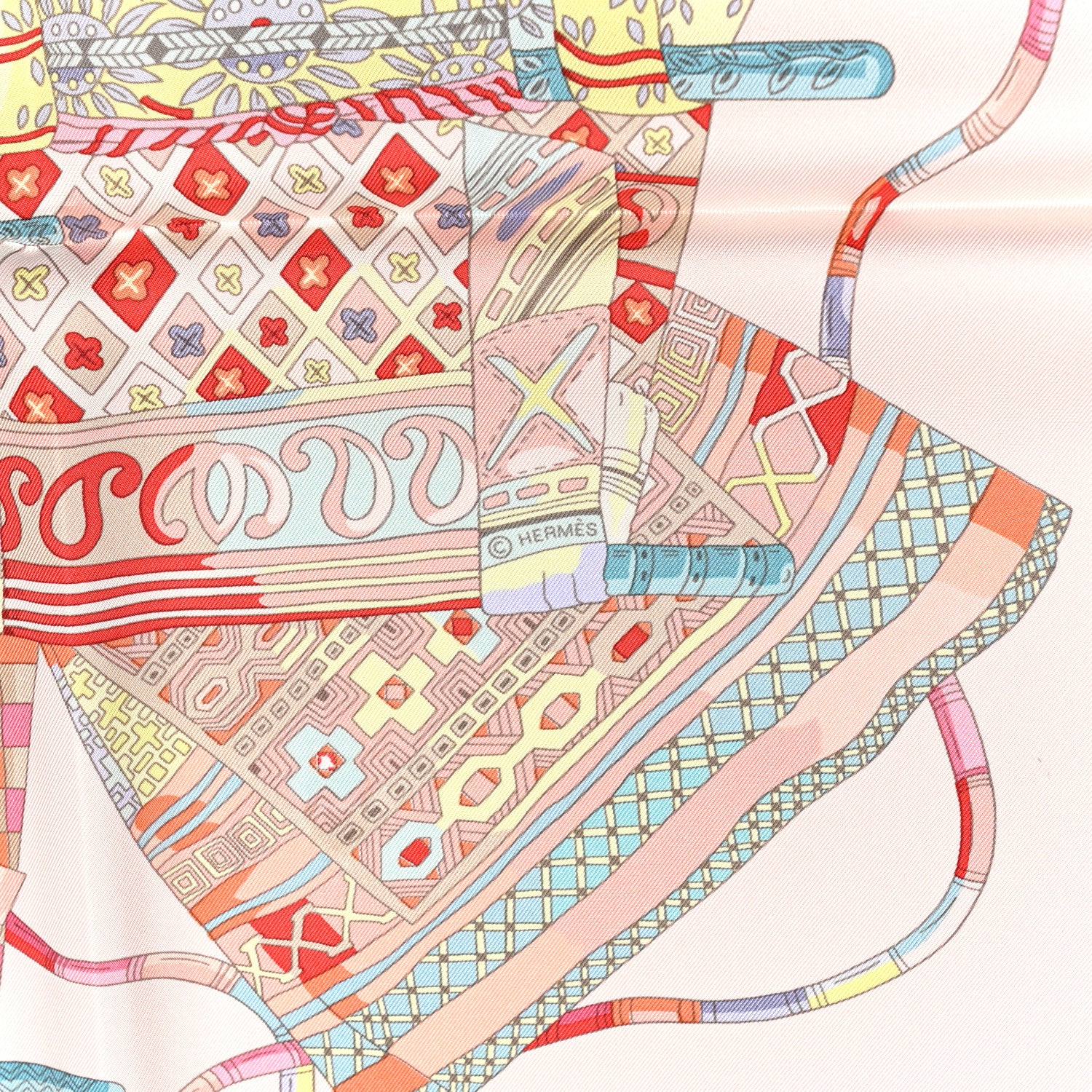 Hermes Silk Voyage En Etoffes Scarf 90 Rose Pale Saumon Jaune Pale 3 of 3