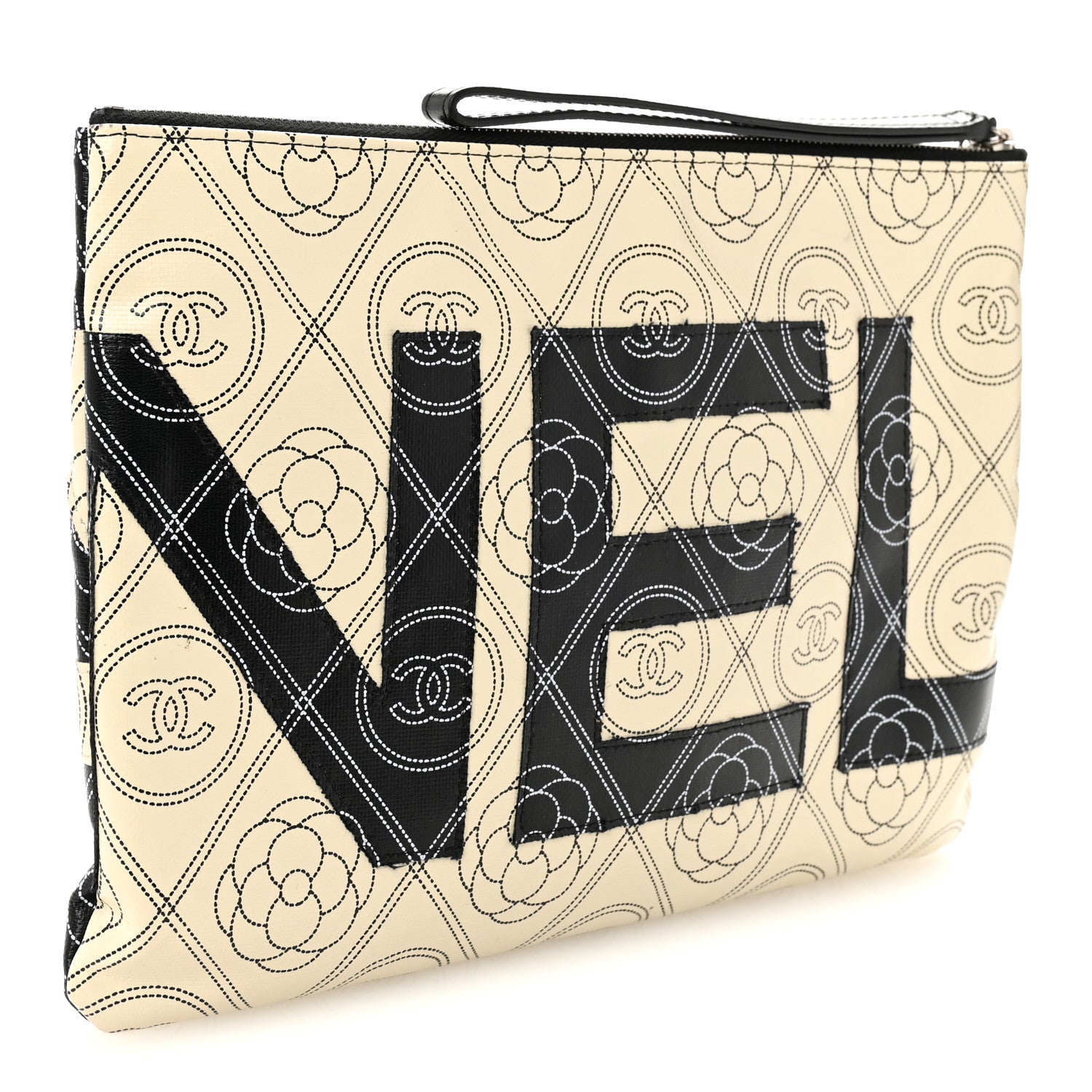 Chanel Coated Canvas Calfskin Camellia Printed Pouch Black Beige
