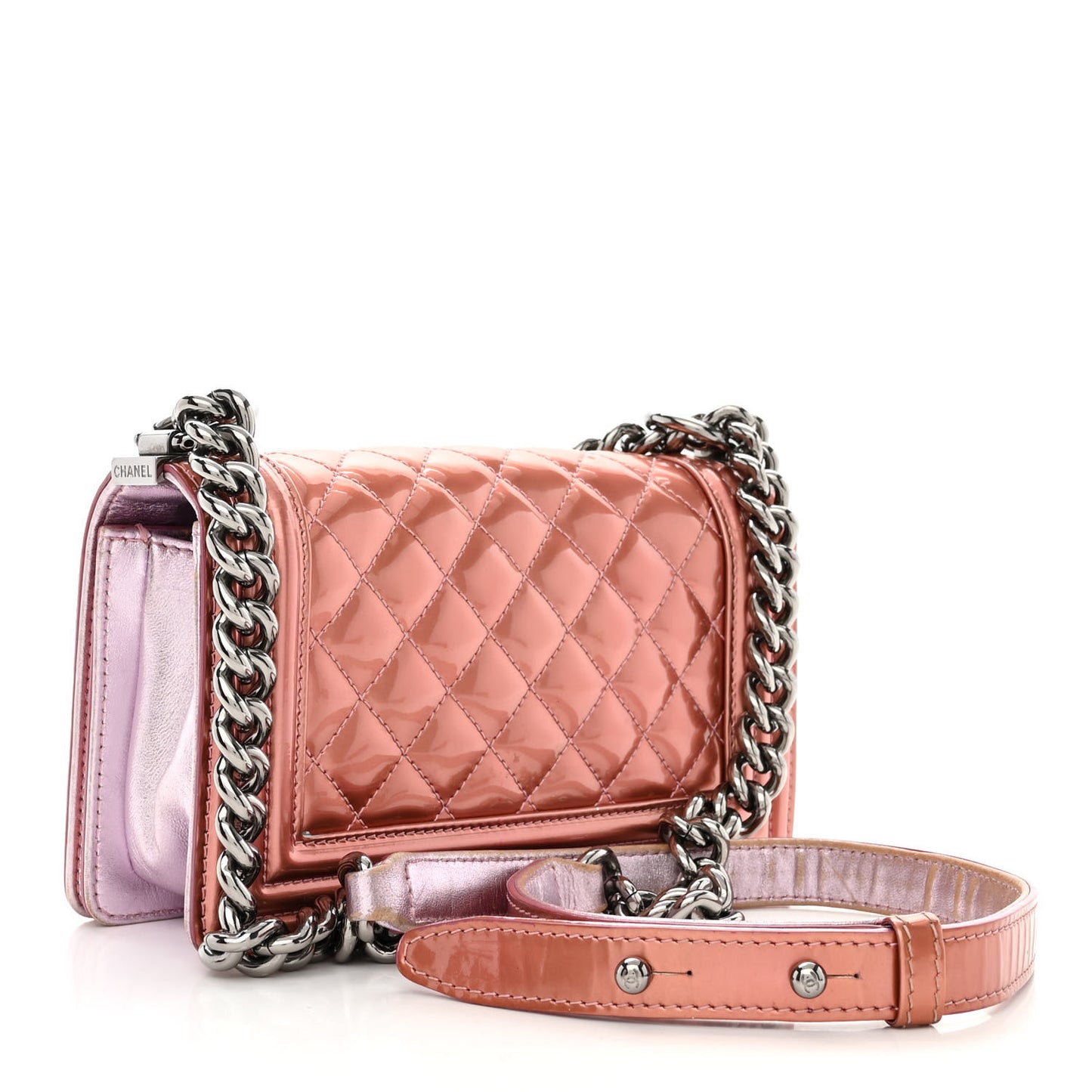 Metallic Patent Calfskin Quilted Small Boy Flap Pink