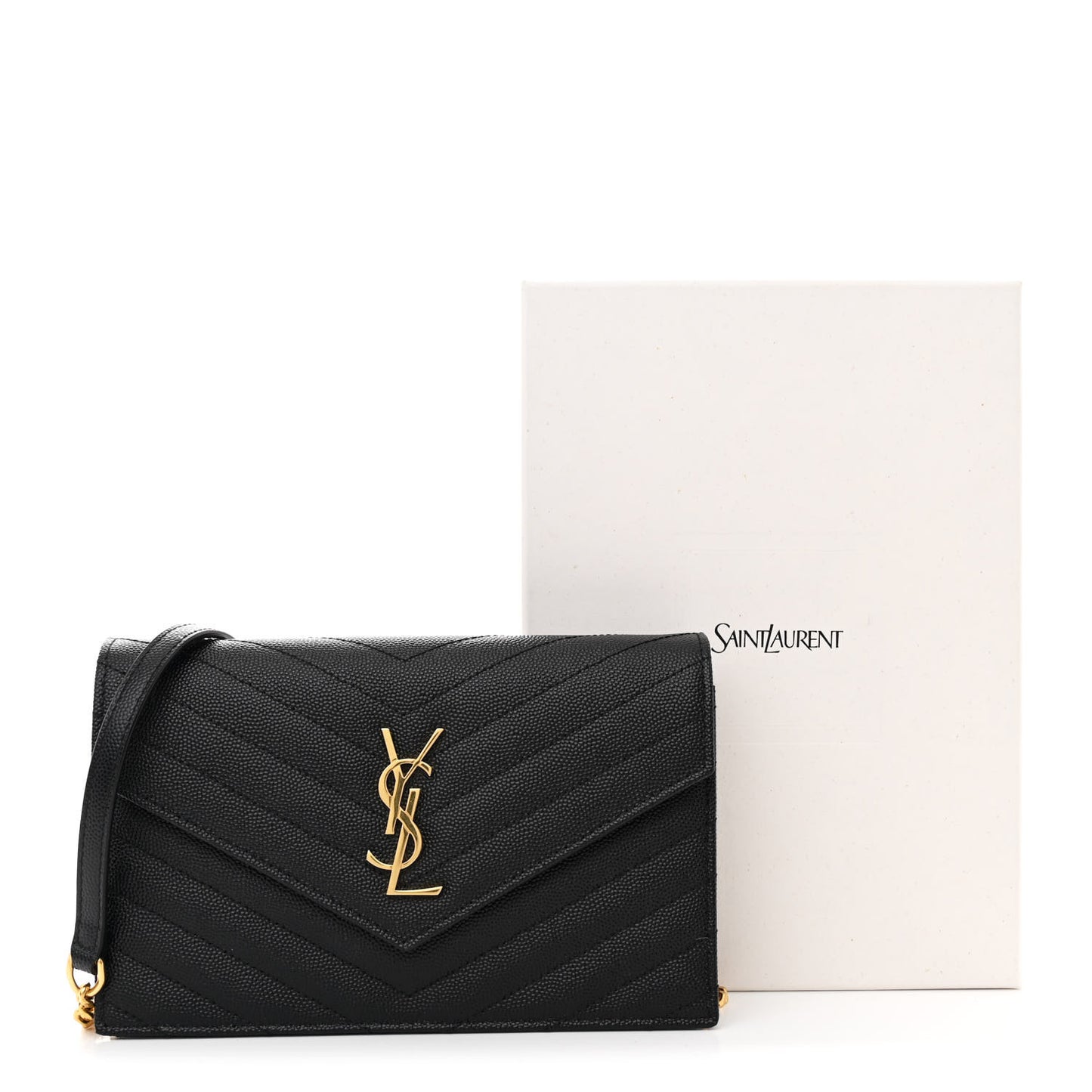 Grain De Poudre Matelasse Chevron Monogram Envelope Chain Wallet Black