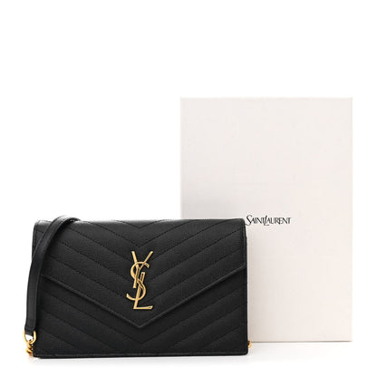 Saint Laurent Grain De Poudre Matelasse Chevron Monogram Envelope Chain Wallet Black 12 of 12