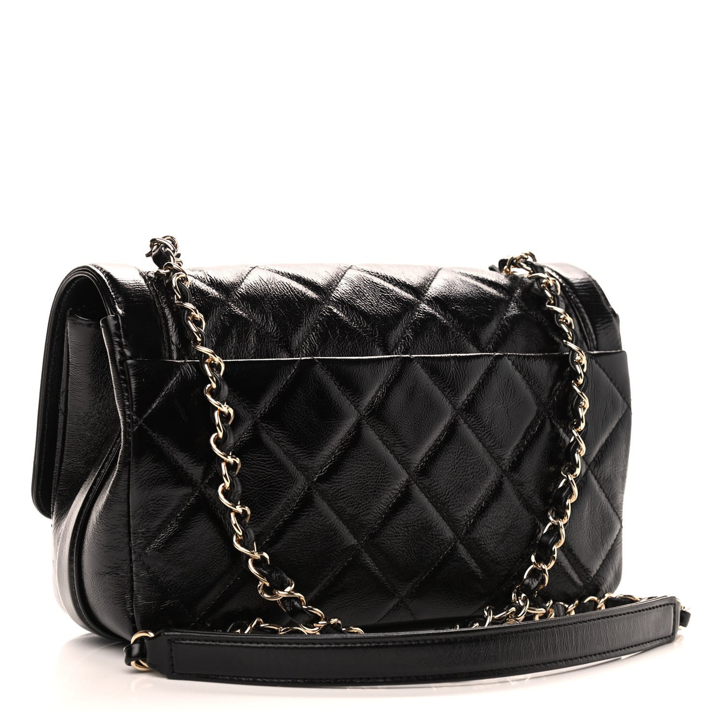 Crumpled Glazed Lambskin Quilted Small Flap Black