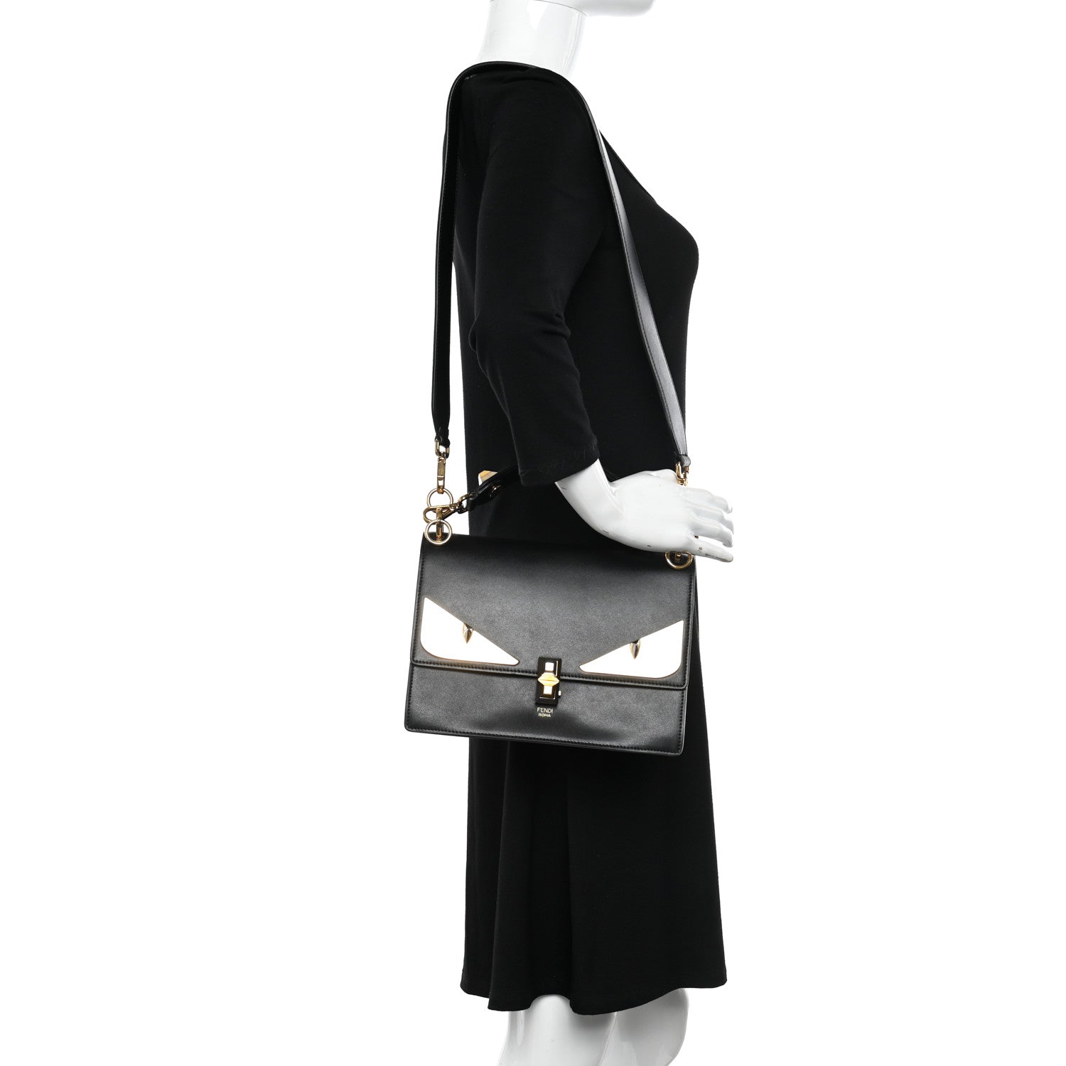 Fendi Vitello Liberty Lucido Metal Monster Eyes Studded Kan I Shoulder Bag Black 2 of 10