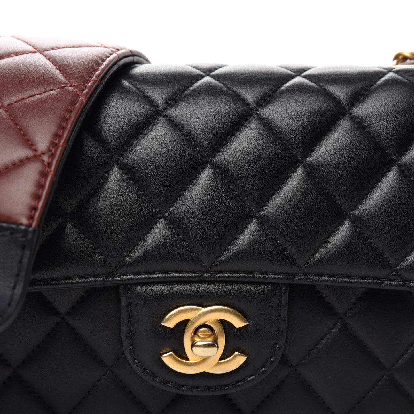 Calfskin Quilted Small Strap Into Flap Black Burgundy