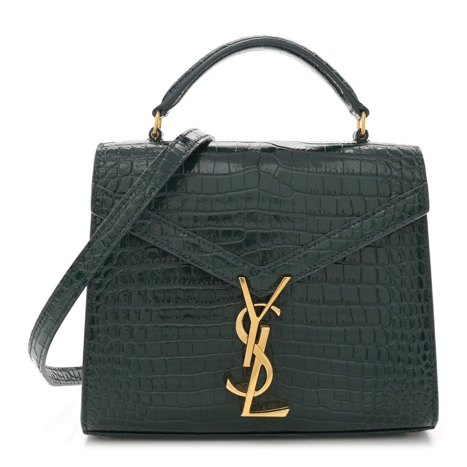Saint Laurent Calfskin Crocodile Embossed Mini Classic Monogram Cassandra Top Handle Green 1 of 11